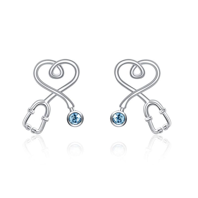 Sterling Silver Nurse Stethoscope with Blue Crystal Stud Earrings Jewelry Studs